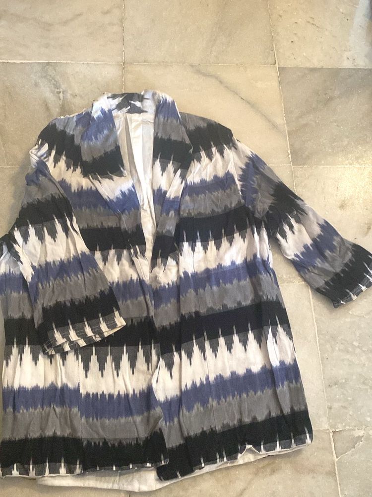 Ikat Print Blazer In White And Shades Of Blue