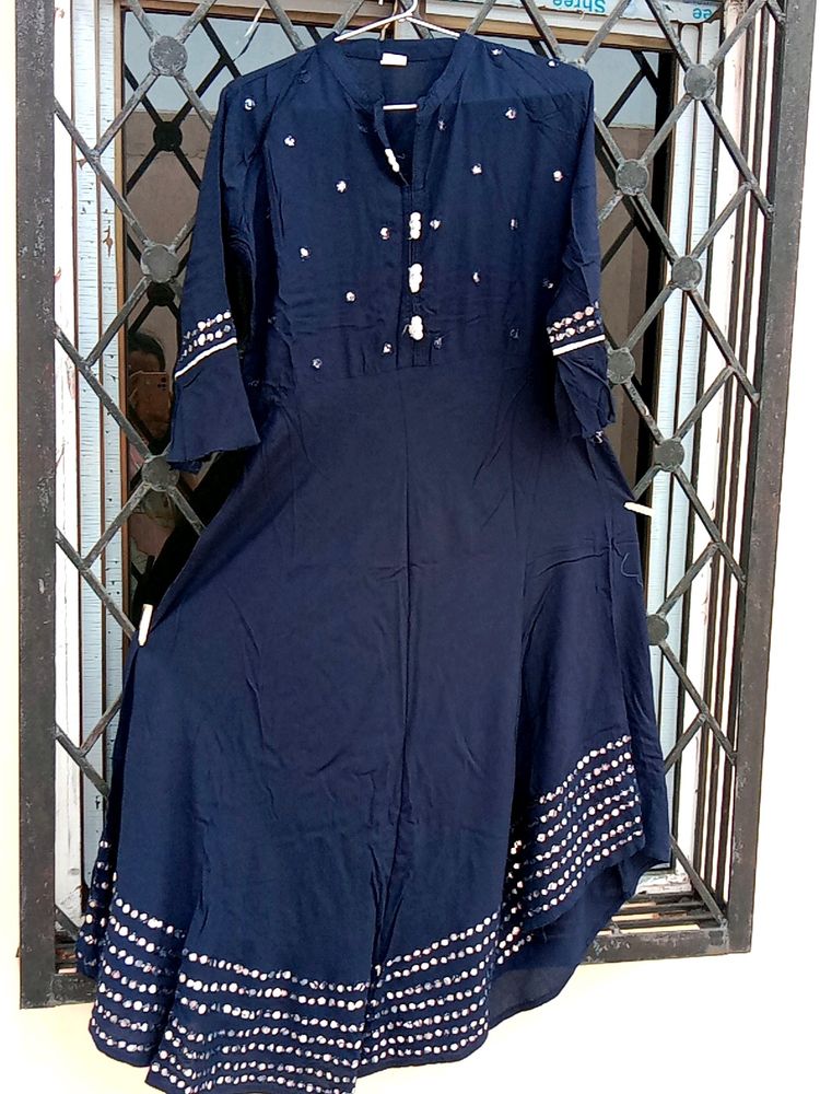 Mirror Work Dark Navy Blue Full Length Kurta