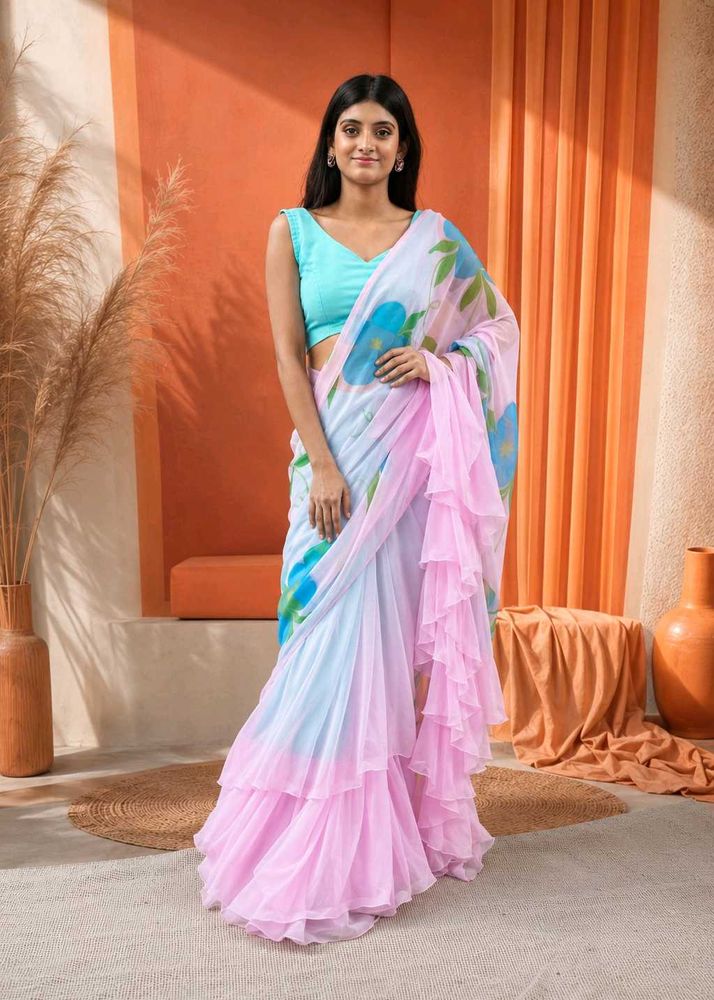 Chic Ruffled Floral Saree