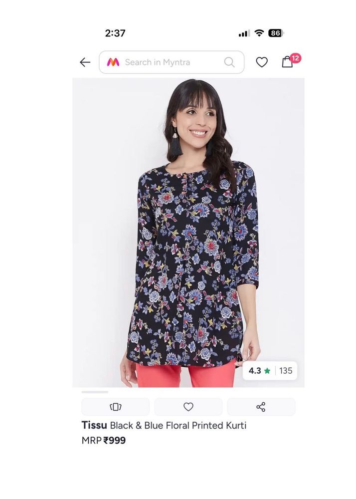 Navy Blue Floral Print short Kurtha/Tunic