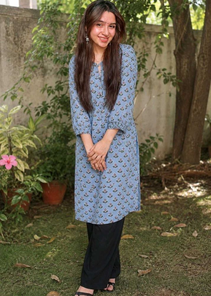 Light Blue Printed Kurta with black jeans