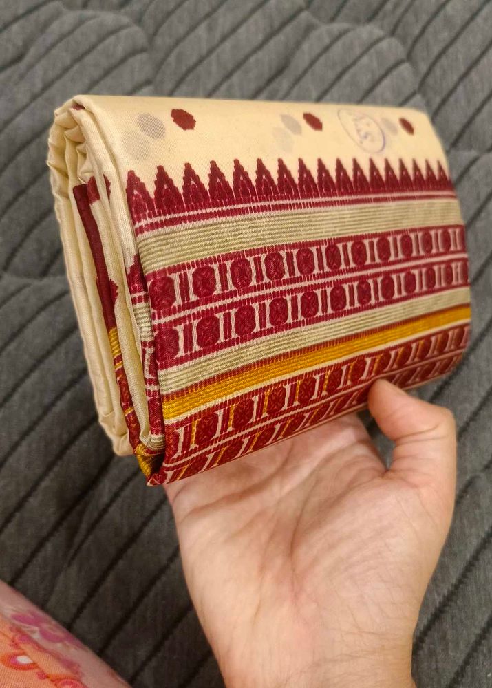 Cream &amp; Maroon Saree