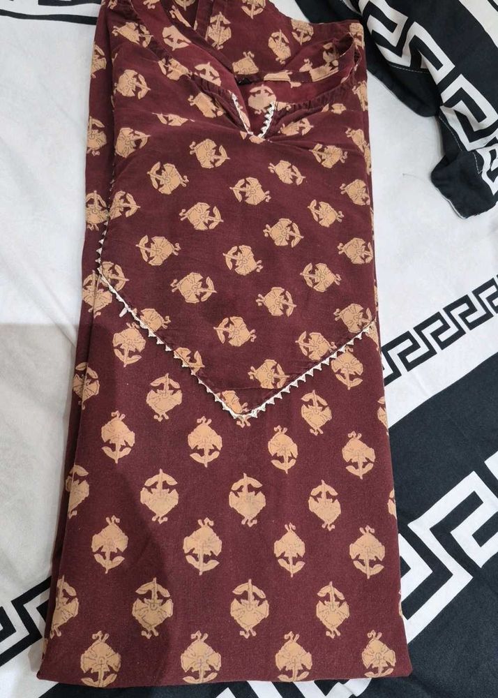 Brown Printed Cotton Kurta