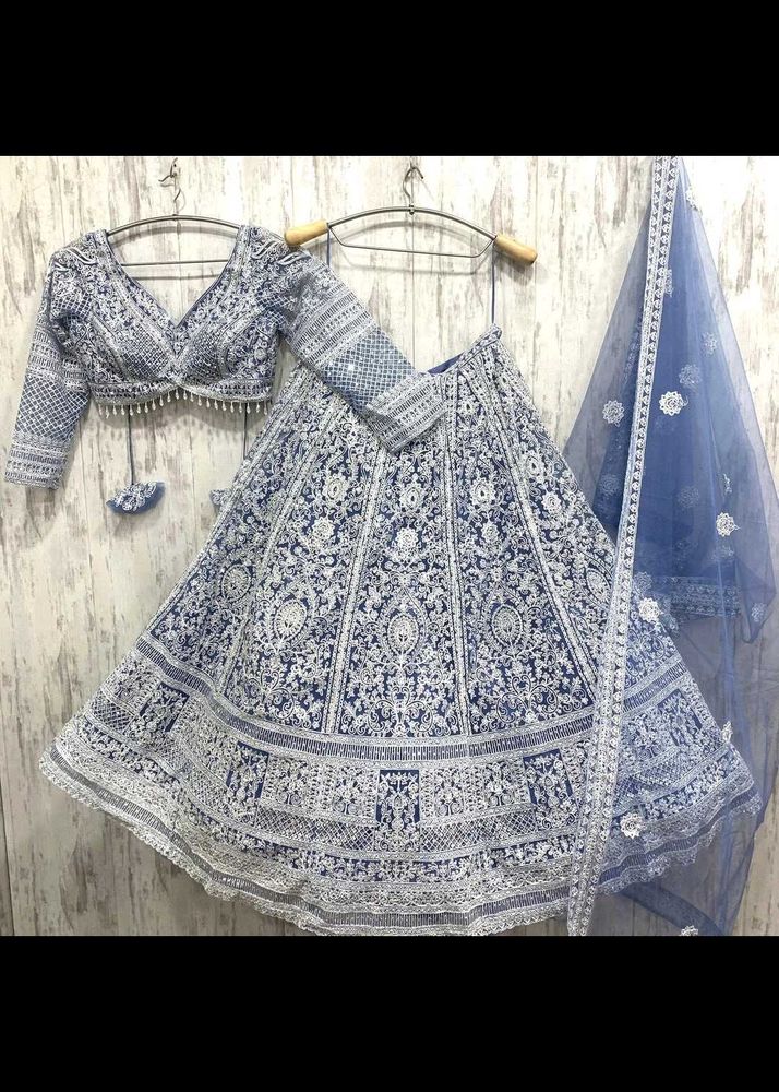 Elegant Blue &amp; White Embroidered Lehenga Set