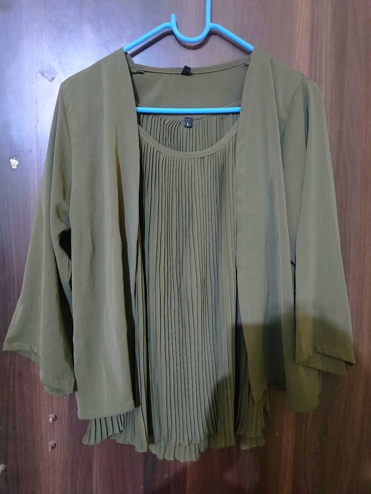 Stylish Olive Green Pleated Top with Shrug