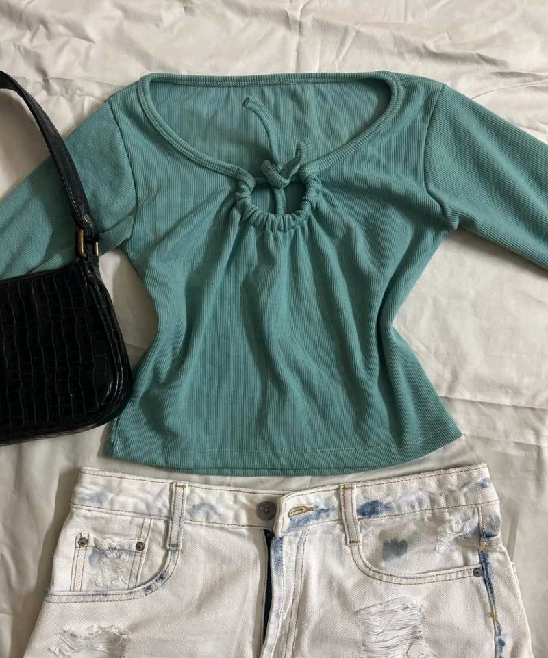 Teal Ribbed Cut-Out Top
