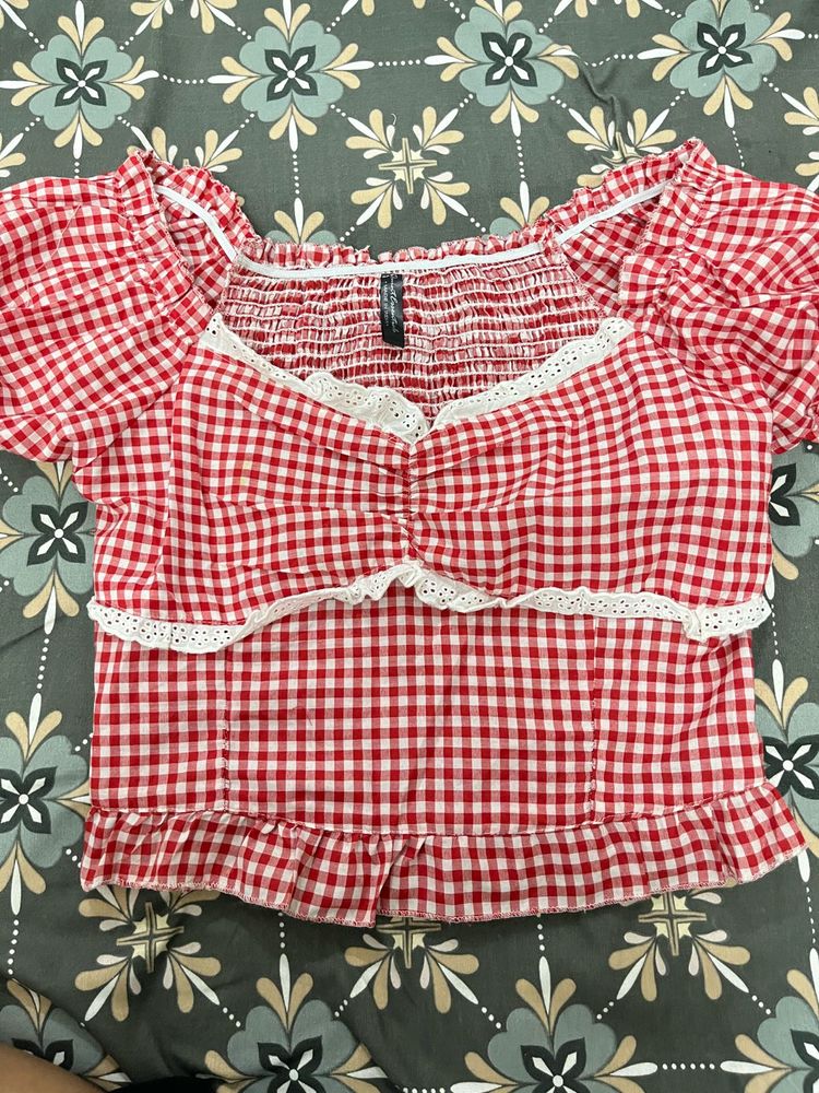 Red Gingham Smocked Crop Top