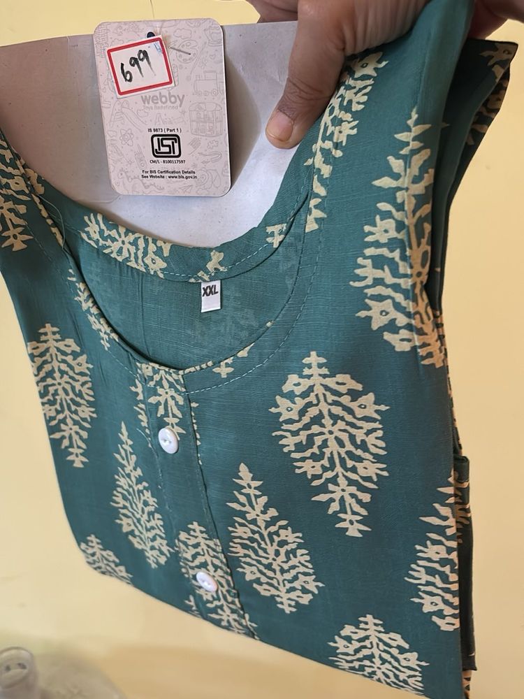 Green Block Print Kurta + Free Gift