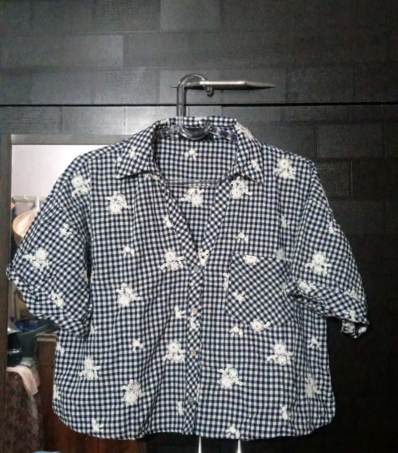 ZARA Chic Gingham Embroidered Button-Up Shirt