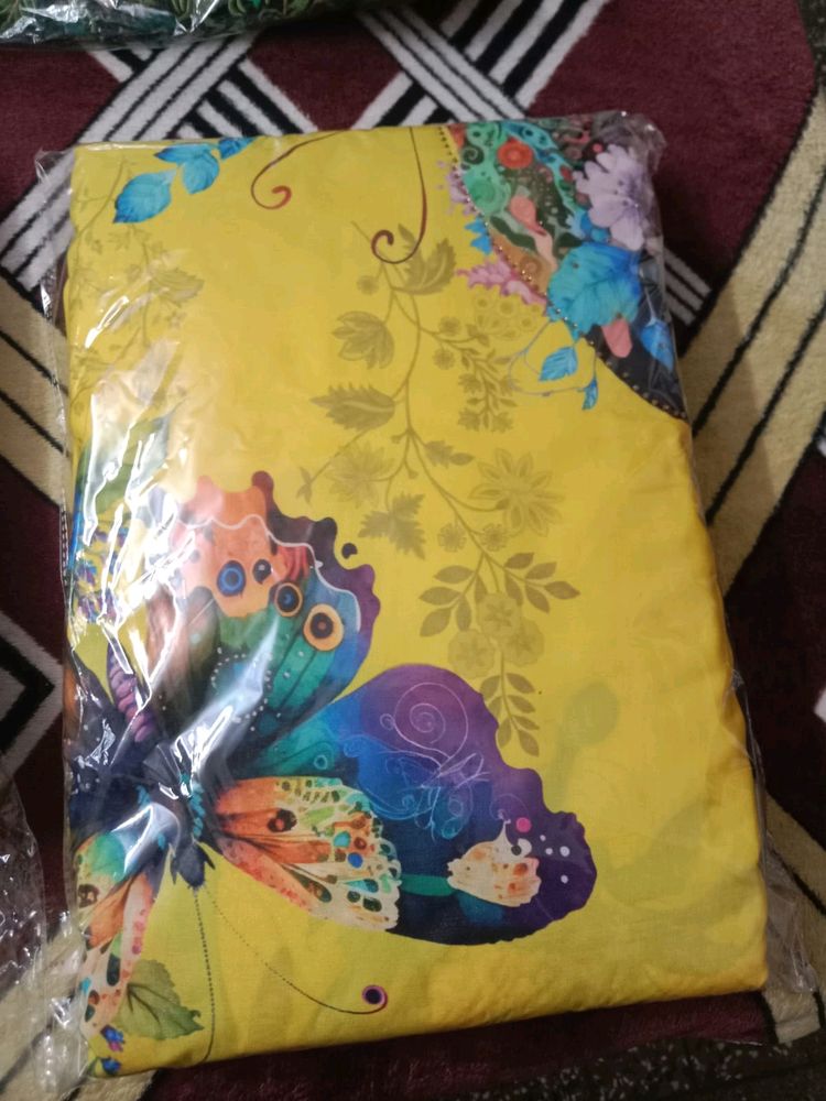Yellow Butterfly Print Unstiched Suit Set