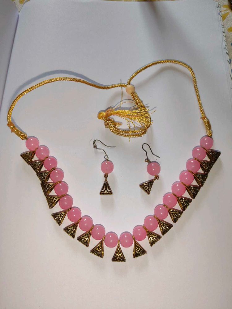 Pink Beaded Necklace &amp; Earring Set
