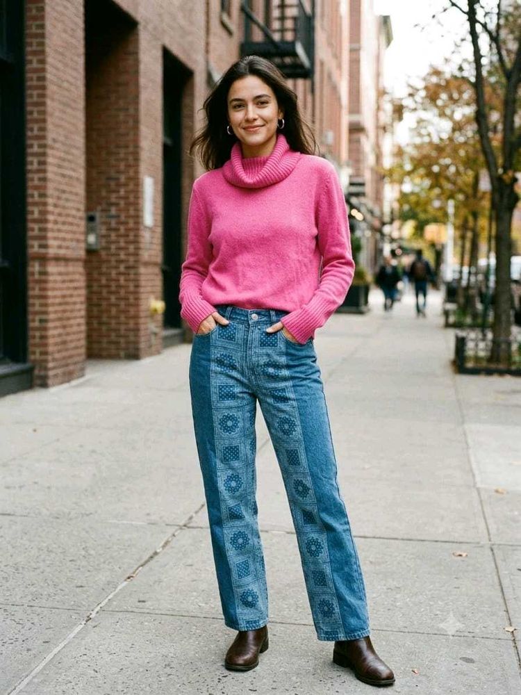 Pink Turtleneck Sweater &amp; Patchwork Jeans