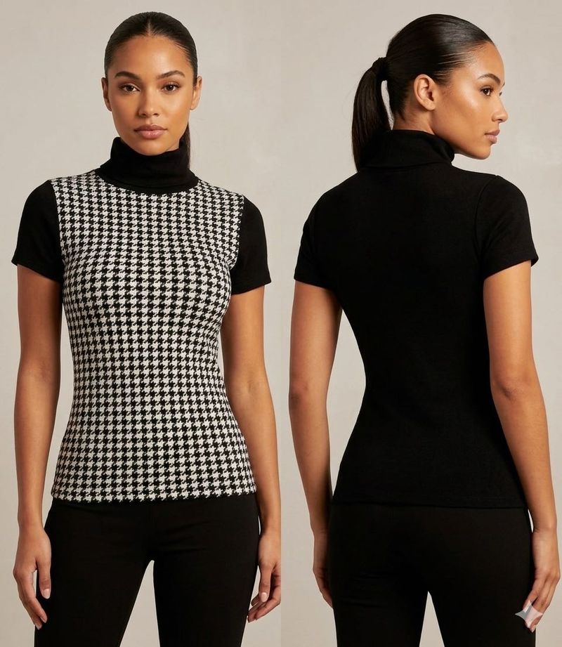 Houndstooth Print Turtleneck Top