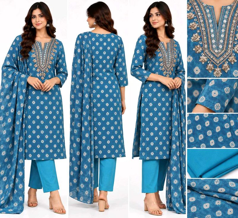 Blue Printed Kurta Set with Embellishment(unstitch