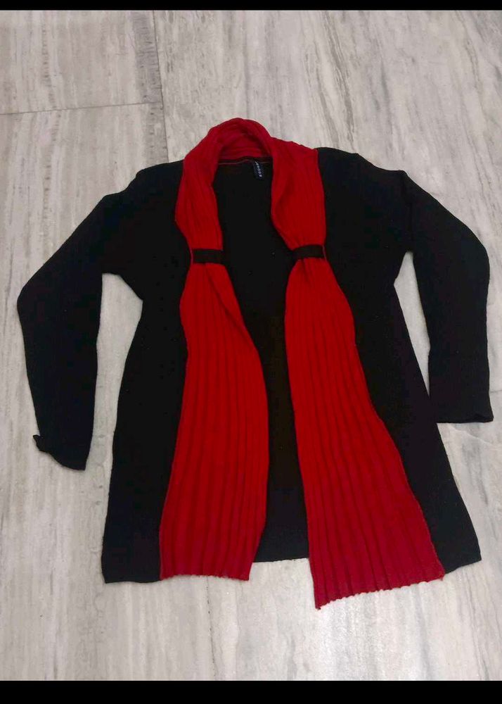 Black Cardigan with Red Accents