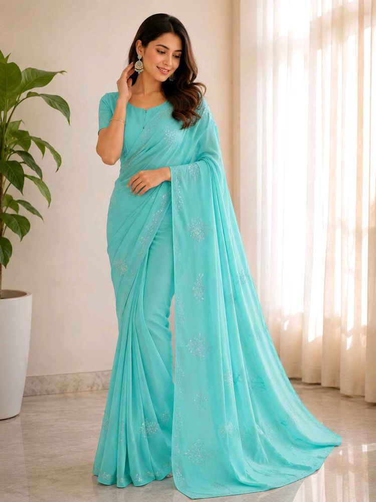 🩵Elegant Turquoise Saree with Embelli🩵shments