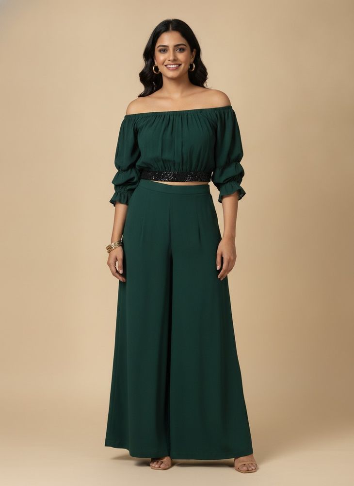 Stylish Green Crop Top &amp; Palazzo Set