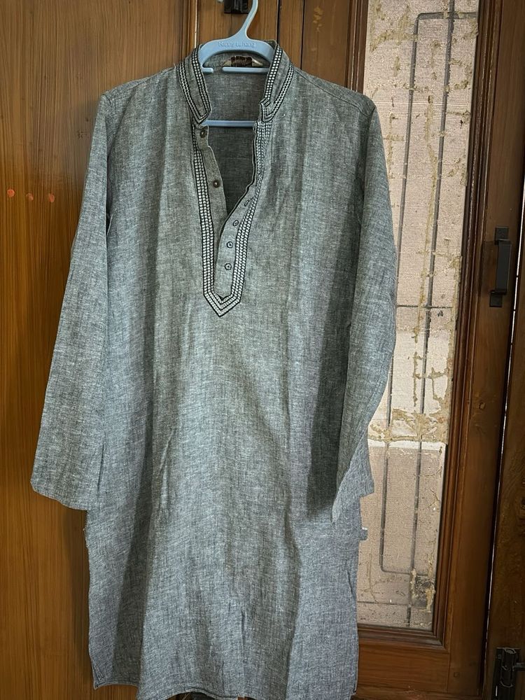 Men's Grey Embroidered Kurta