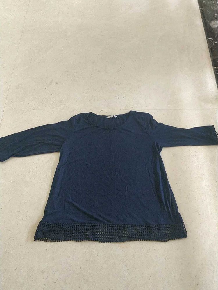 Navy Blue Long Sleeve Top with Lace Trim