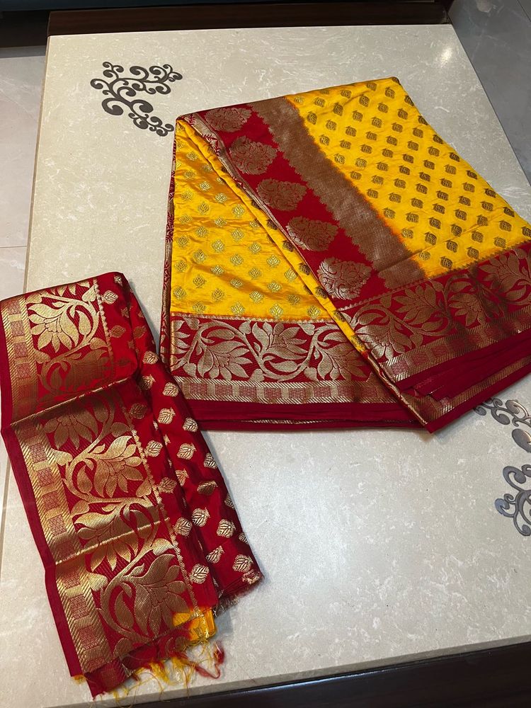 New Vibrant Yellow &amp; Red Silk Saree