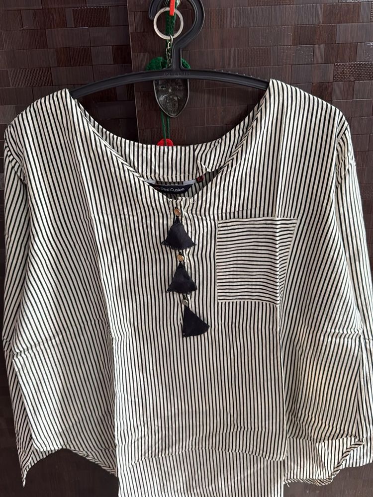 Striped Kurta with black Tassel Detail
