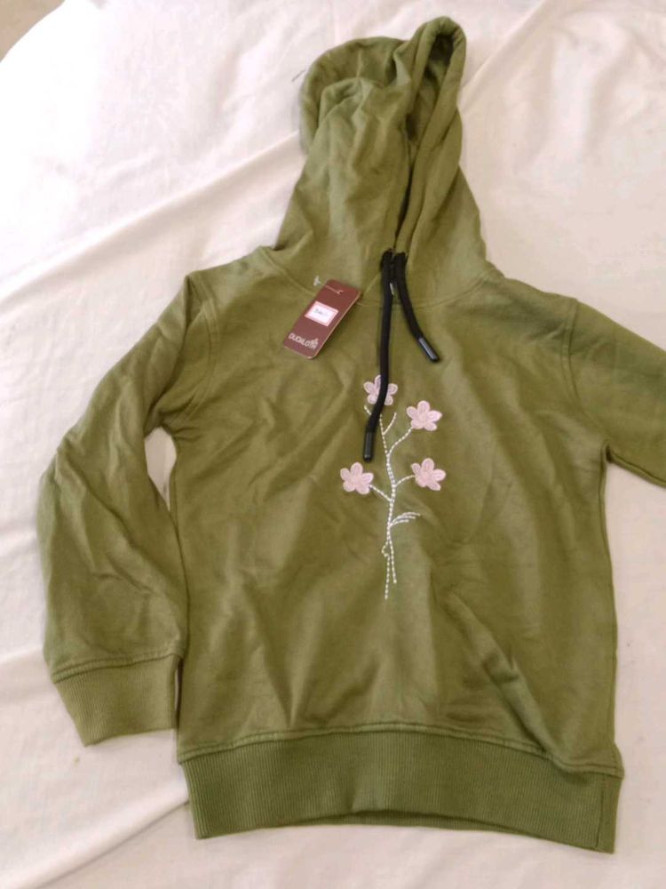 Olive Green Hoodie with Flower Design