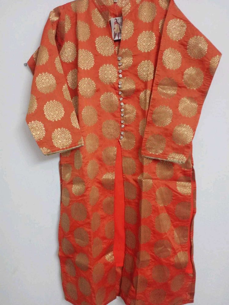 Orange Brocade Kurtas with Gold Motifs