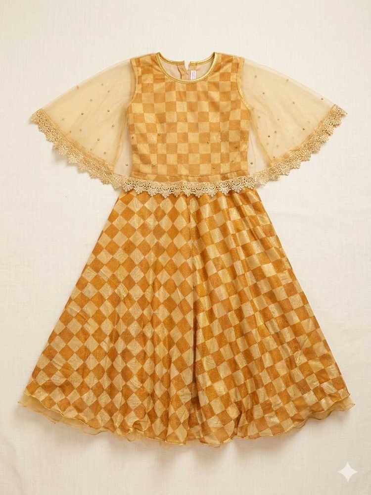 Elegant Golden Checkered Frock | (8-10year girl)