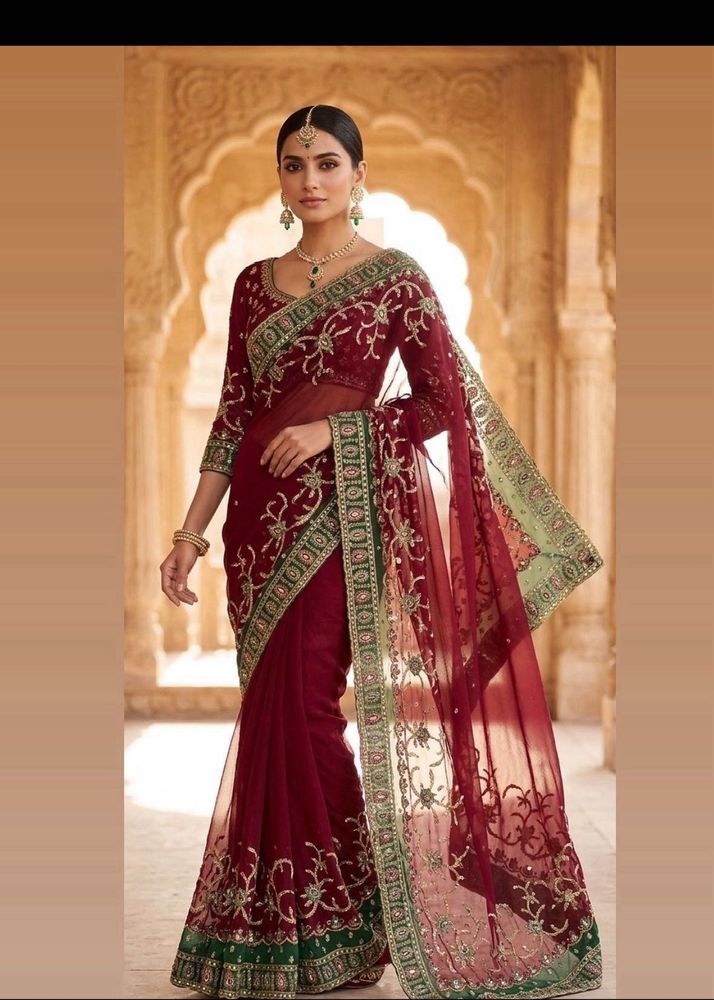 Designer bridal Maroon Embroidered Saree
