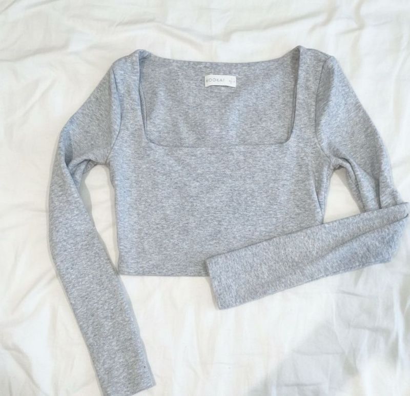 Kookai Grey Long Sleeve Crop Top