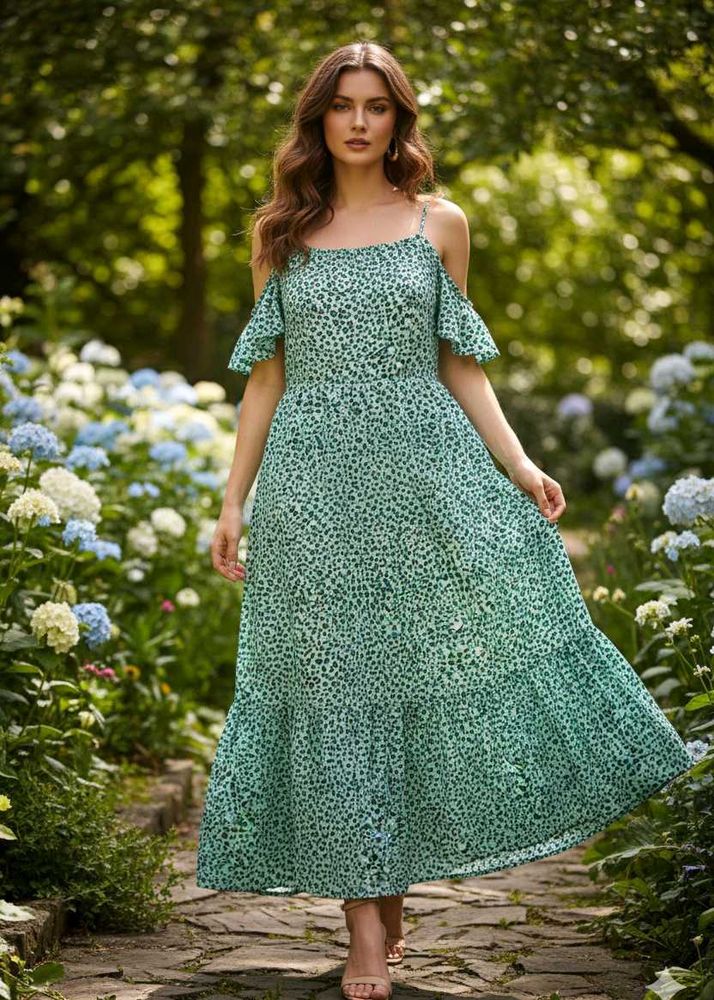 Green Print Off-Shoulder Maxi Dress