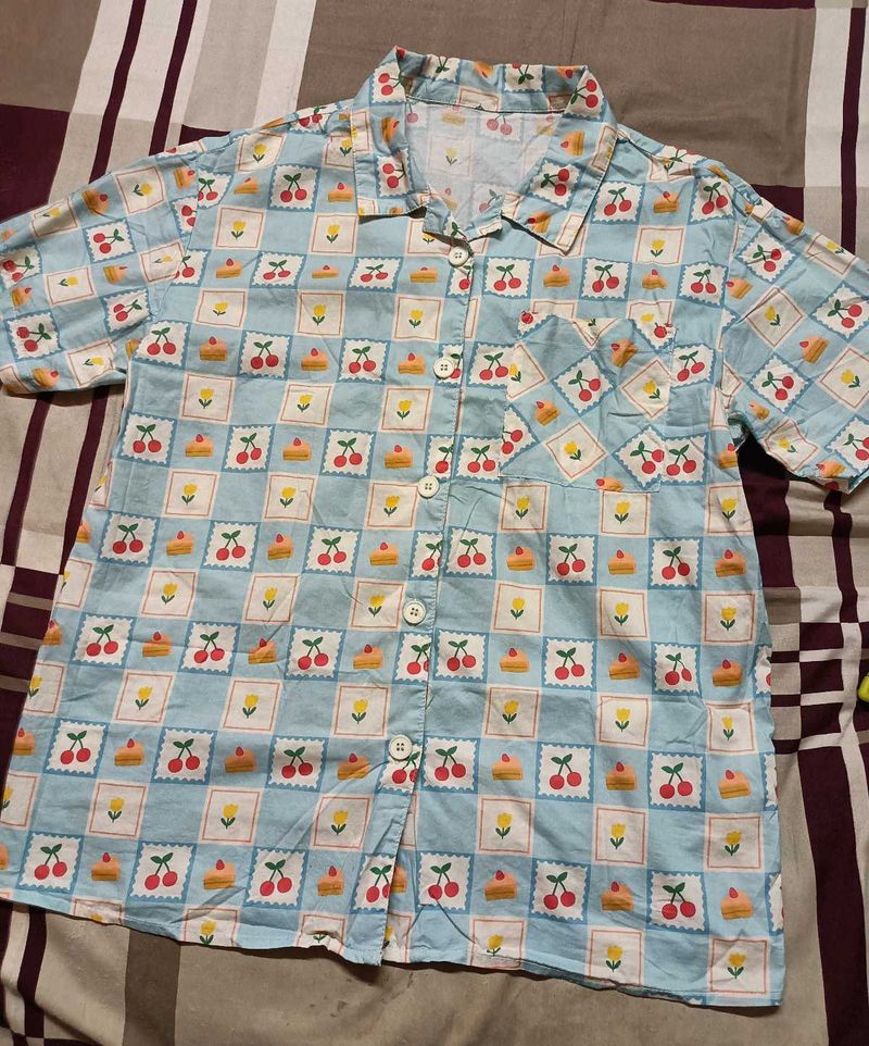 Cute Cherry Print Button-Up Shirt