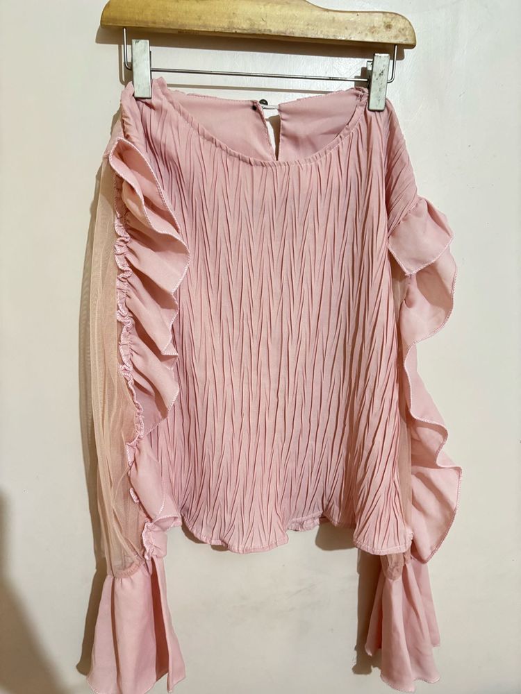 Chic Pink Pleated Ruffle Sleeve Top
