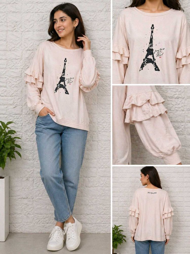 Cute Eiffel Tower Ruffle Sleeve Top