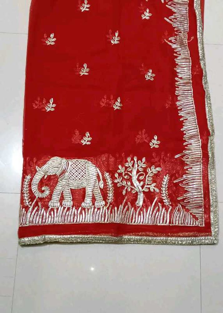 Red Saree with Elephant &amp; Tree Embroidery