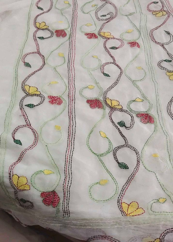 katha work Saree with Floral hand Embroidery