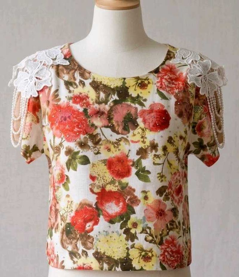 Floral Print Top with Lace &amp; Pearl Detail