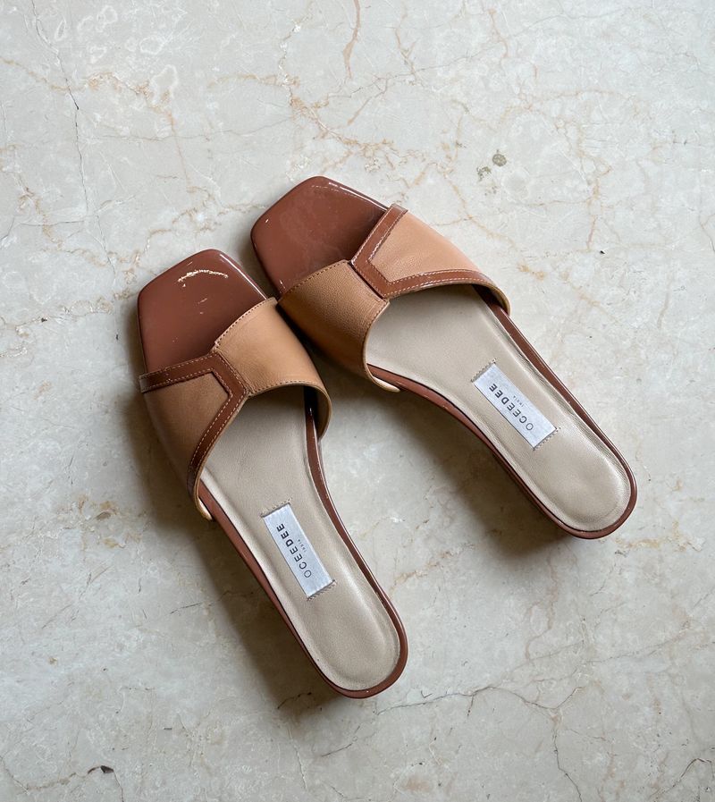 Tan Heeled Slider Sandals