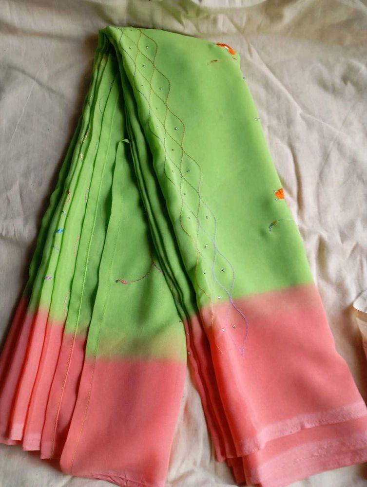 used Vibrant Green &amp; Peach Ombre Saree