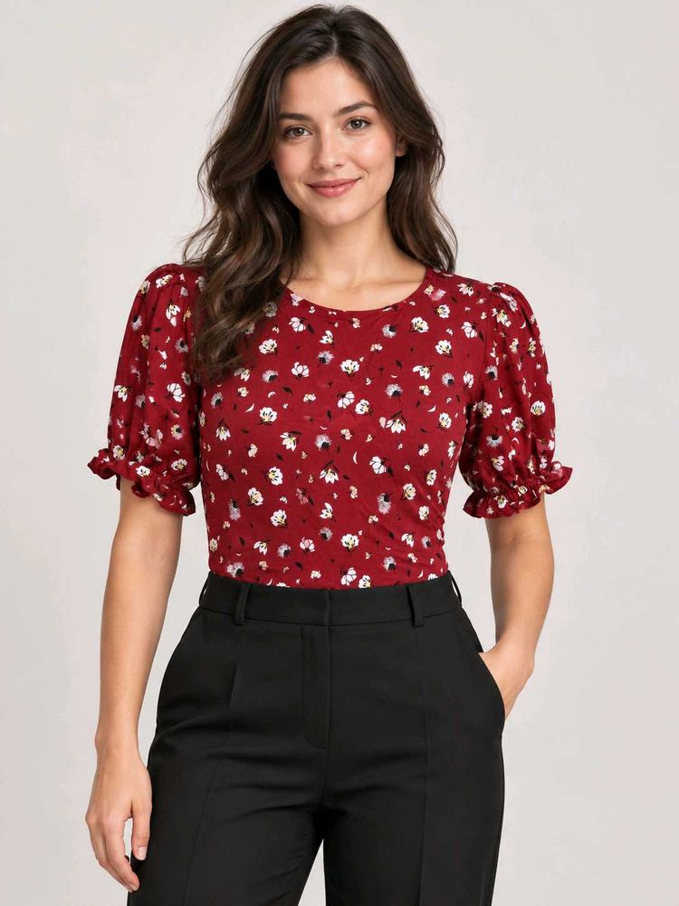 Chic Red Floral Puff Sleeve bodysuit