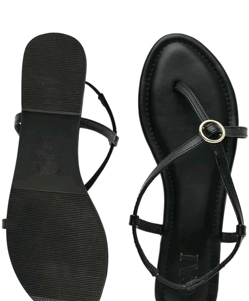 Black Flat Sandals with Gold Buckle
