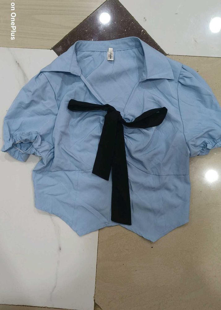 Chic Blue Puff Sleeve Top with Black Bow
