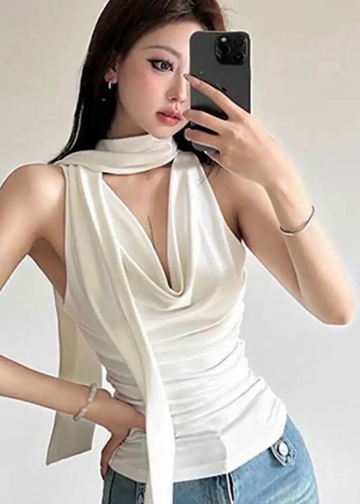 Elegant White Cowl Neck Sleeveless Top