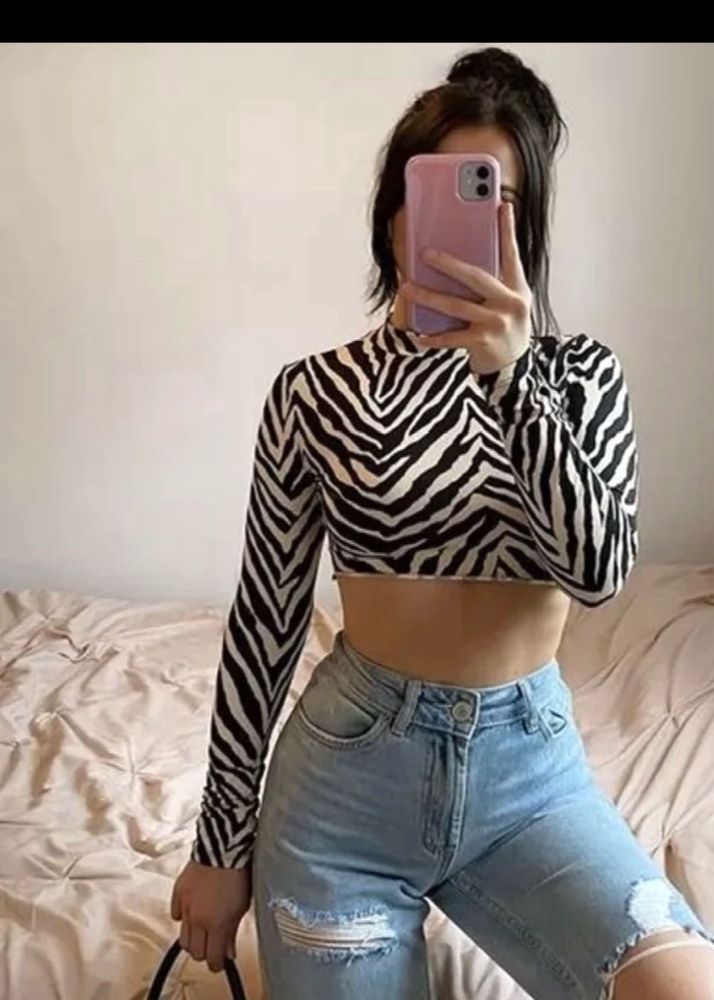 Zebra Print Long Sleeve Crop Top