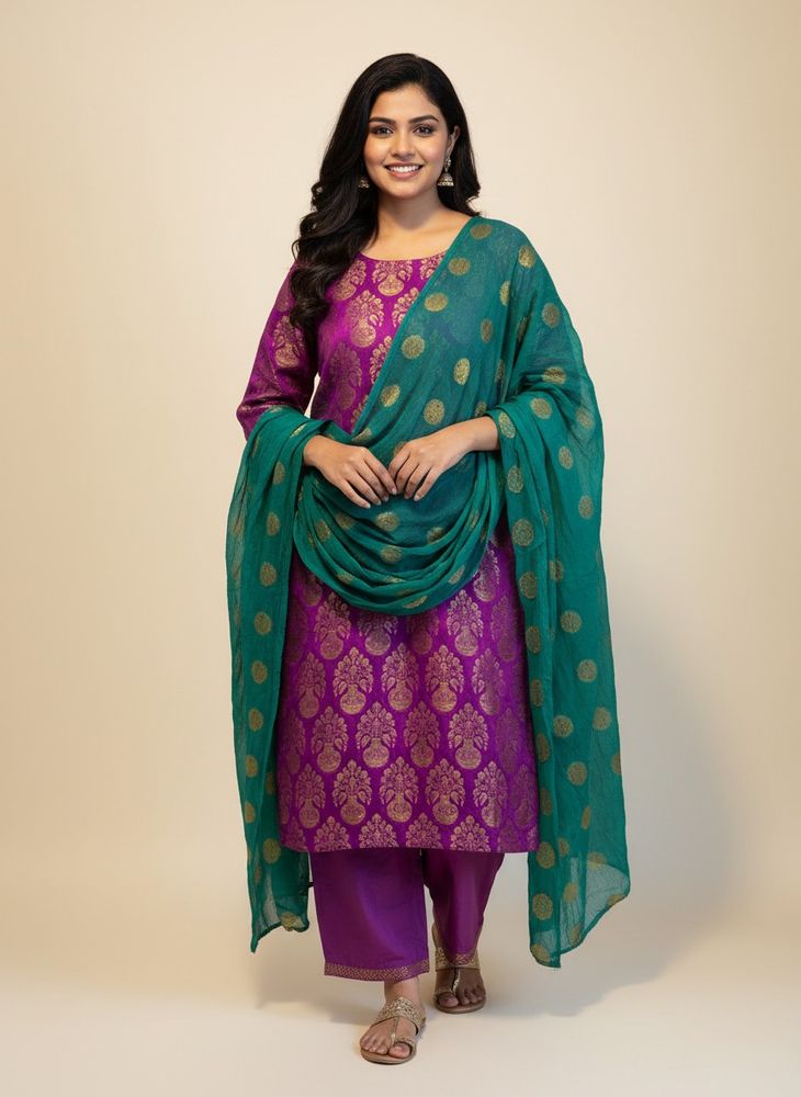 Purple &amp; Green banarasi Kurta Set