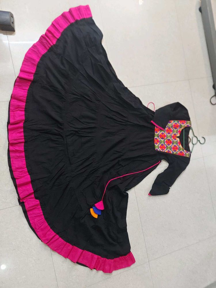 Black &amp; Pink Embroidered Ruffled Flare Dress