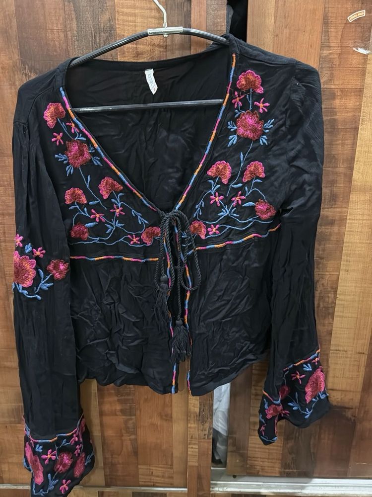 Boho Embroidered Black Top