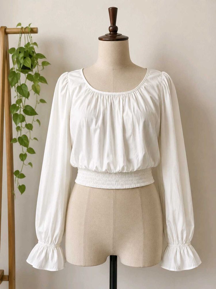 White Smocked Waist Long Sleeve Blouse