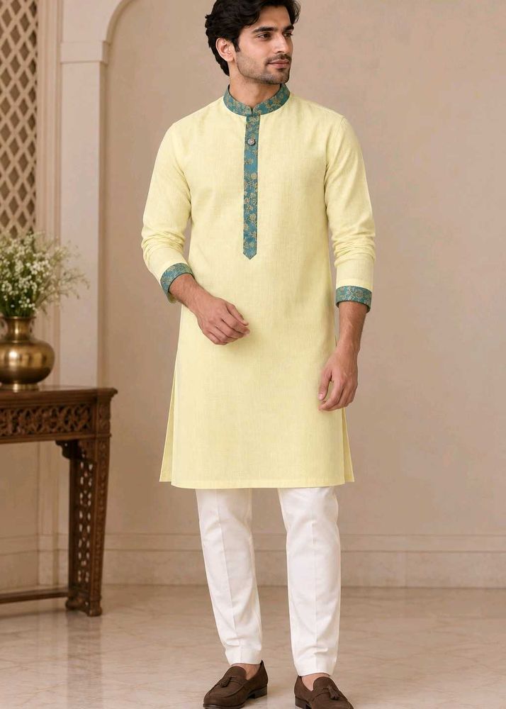 Men's premium Lemon Kurta with Brocade Detailing