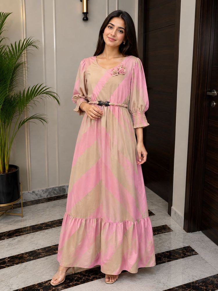Chic Pink &amp; Beige Striped Maxi Dress
